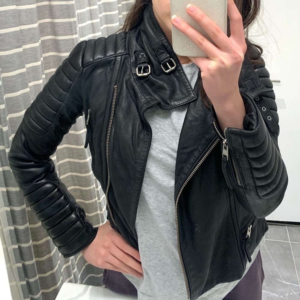 AllSaints Ribbed Leather Moto Black Jacket Sz US 2